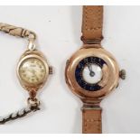 9ct gold half-hunter strap watch, the exterior case with enamelled dial (damaged), the interior