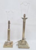 Brass corinthian column table lamp on square base and another with reeded column, 51cm and 42cm