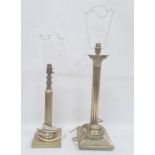 Brass corinthian column table lamp on square base and another with reeded column, 51cm and 42cm