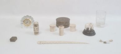 Quantity miniature carved bone items including dominoes within oval basket, trinket boxes, etched