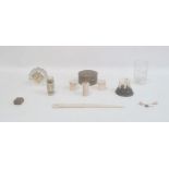 Quantity miniature carved bone items including dominoes within oval basket, trinket boxes, etched