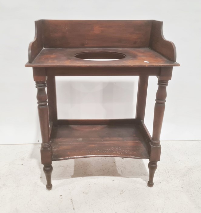 19th century stained washstand with three-quarter galleried top, on turned supports, shelved