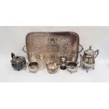 Plated three-piece teaset, a large silver plated two-handled tray of rectangular form with pierced