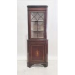 19th century mahogany corner display unit, satinwood banded with astragal glazed door above cupboard