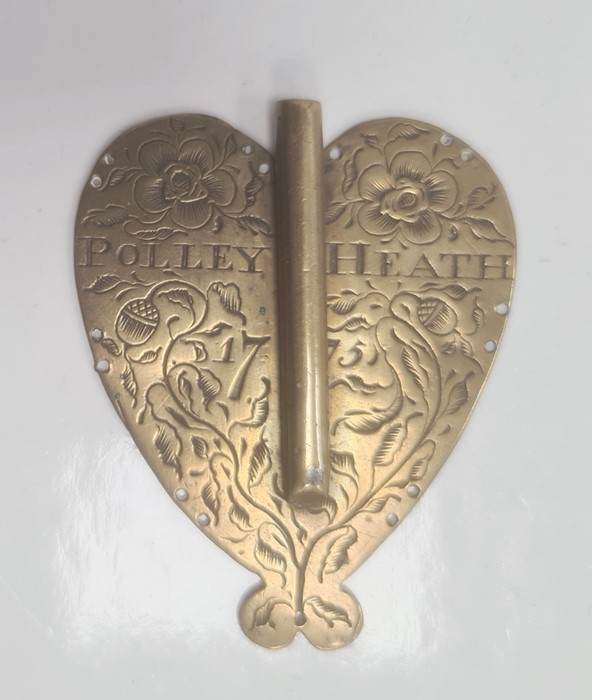 George III engraved brass knitting sheath, heart-shaped and engraved ‘Polley Heath’ and dated