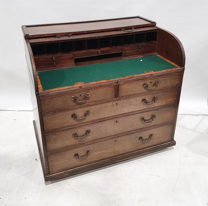 19th century mahogany roll-top desk with fitted interior above two short and three long graduated - Image 2 of 3