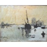 Attributed to Eugéne Galien-Laloue (1854-1941) Oil on board Ships in dockland/harbourside  Signed