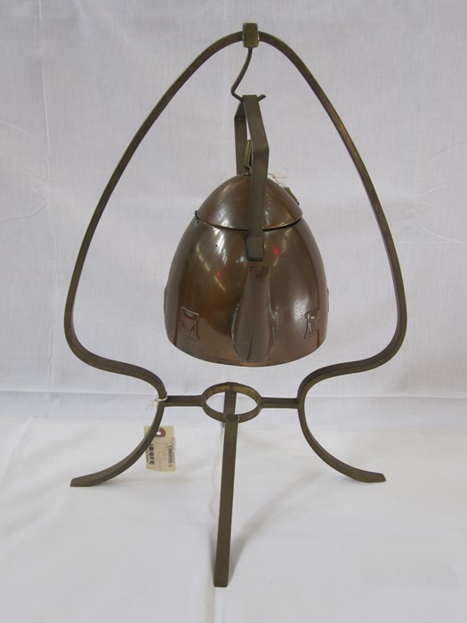 Jugendstil brass and copper kettle on tripod stand, 46cm high (with Christies lot label for 28th - Image 2 of 3