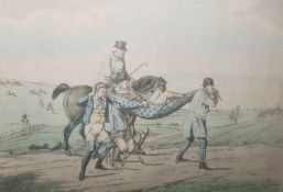 After Henry Alken Six hand coloured etchings,  'Going at a chalk pit, gravel pit or river', 'Going