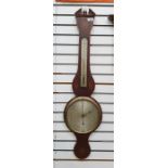 Georgian inlaid mahogany banjo barometer with angular pediment, flowerhead and foliate inlaid