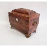 Georgian mahogany tea caddy, sarcophagus-shaped, pair brass floral basket and ring handles, fitted