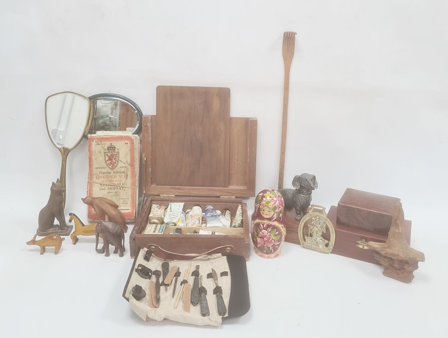 Quantity of wooden animals, wooden trinket  boxes, artist's materials and other collectables