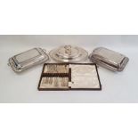 Three silver plated vegetables dishes and covers and other items
