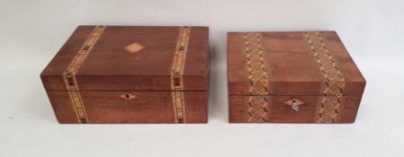 Victorian Tunbridgeware and walnut workbox with removable section tray, two bands of geometric
