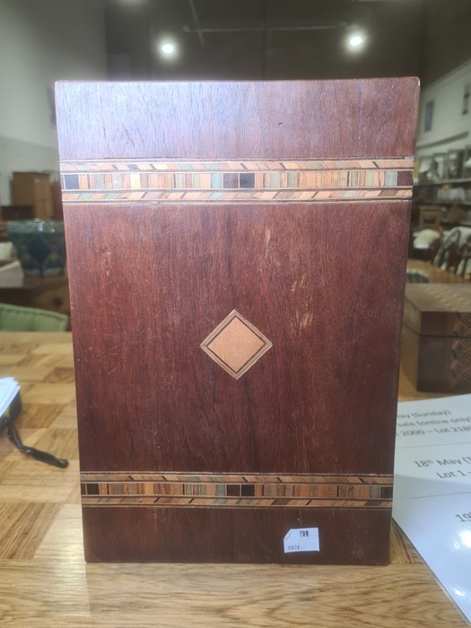 Victorian Tunbridgeware and walnut workbox with removable section tray, two bands of geometric - Image 13 of 23