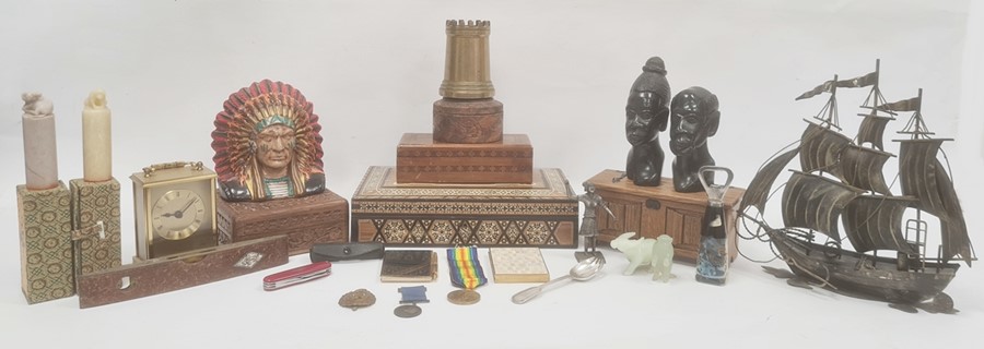 Quantity boxes including Anglo-Indian, compact metal model boat and other items