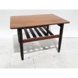 G-Plan teak coffee table, rectangular top with rounded corners, magazine rack under, on circular