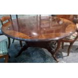 20th century mahogany and strung circular dining table, ogee mould edge, on four turned column