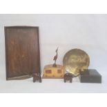 Italian musical ballerina jewel box, wooden animals, a wooden tray, a brass bowl and other items