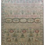 Late 18th century sampler with alphabet, verse, animals and stylised floral border, dated 1789