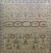 Late 18th century sampler with alphabet, verse, animals and stylised floral border, dated 1789