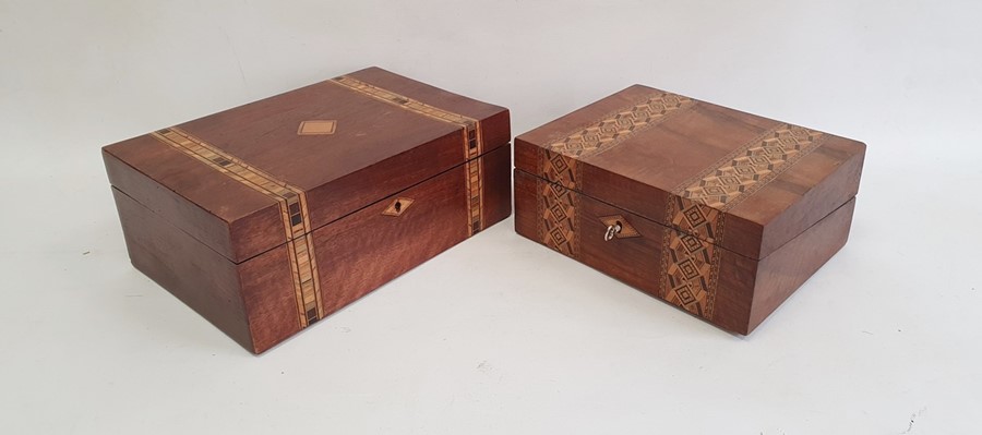 Victorian Tunbridgeware and walnut workbox with removable section tray, two bands of geometric - Image 4 of 23