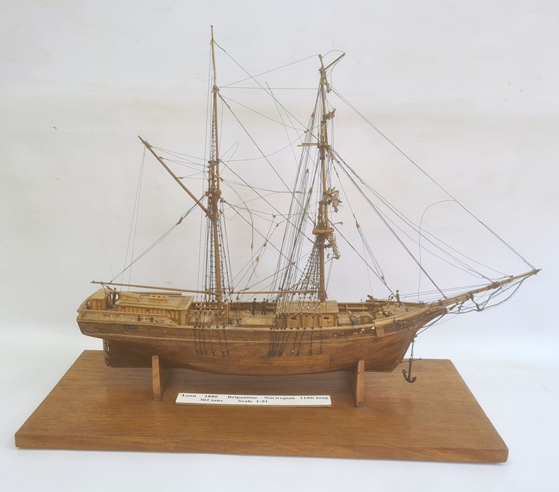 Wooden model ship 'Leon 1880 Brigantine Norwegian 110ft long, 302 tonne Scale 1:91', on wooden