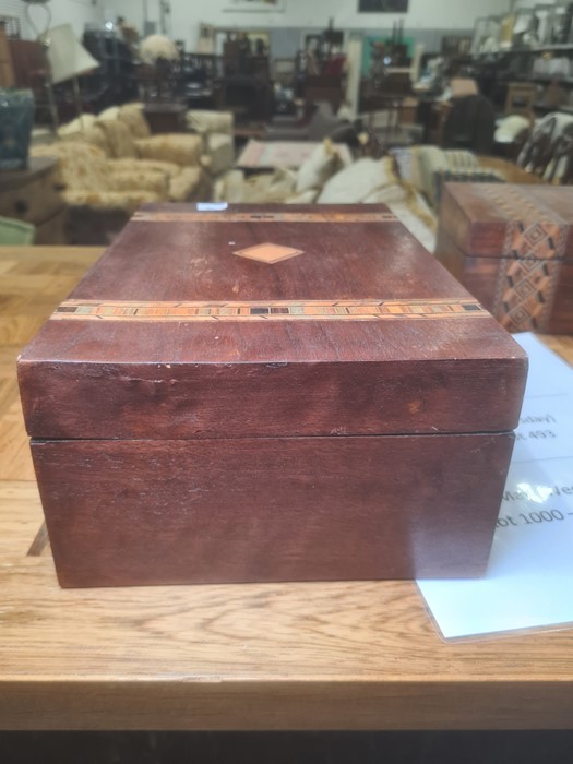 Victorian Tunbridgeware and walnut workbox with removable section tray, two bands of geometric - Image 10 of 23