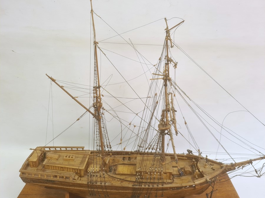 Wooden model ship 'Leon 1880 Brigantine Norwegian 110ft long, 302 tonne Scale 1:91', on wooden - Image 3 of 3