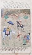 Persian school Pair watercolour drawings Hunting scenes with elephants and script above and below,