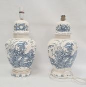 Pair of Masons ironstone fruit basket pattern lamps in blue, 20th century printed marks, of