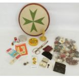 Quantity vintage buttons, darning mushroom and a reproduction needlepoint covered circular stool