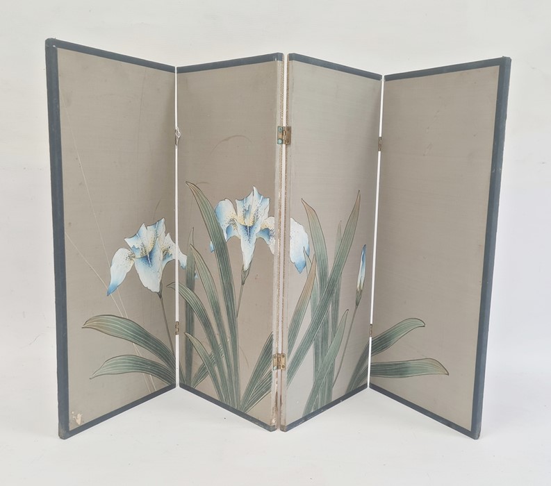 Painted folding table screen, the four panels painted with iris, 43cm high