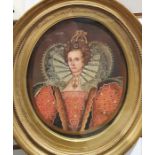 20th century school Oil on panel Oval half length portrait of Elizabeth I Unsigned 24cm x 20cm