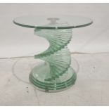 Circular glass coffee table on stepped spiral glass column and circular base, 59.5cm diameter