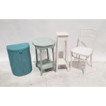 Loom linen basket, a white painted chair, a painted two-tier table and a painted aspidistra stand (