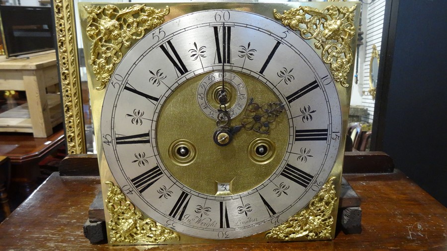 Oak longcase clock with raised pediment, having curved sides, three ball finials, square brass - Image 7 of 20