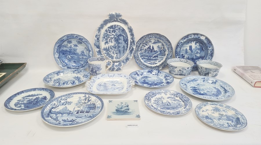 Collection of Staffordshire blue and white pottery, 19th century, variously transfer printed in
