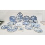 Collection of Staffordshire blue and white pottery, 19th century, variously transfer printed in