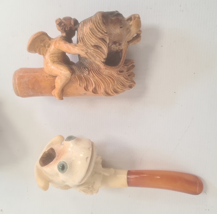 Cherub and Pekinese dog meerschaum pipe, another, frog with green glass eyes, cased and two other - Image 2 of 2