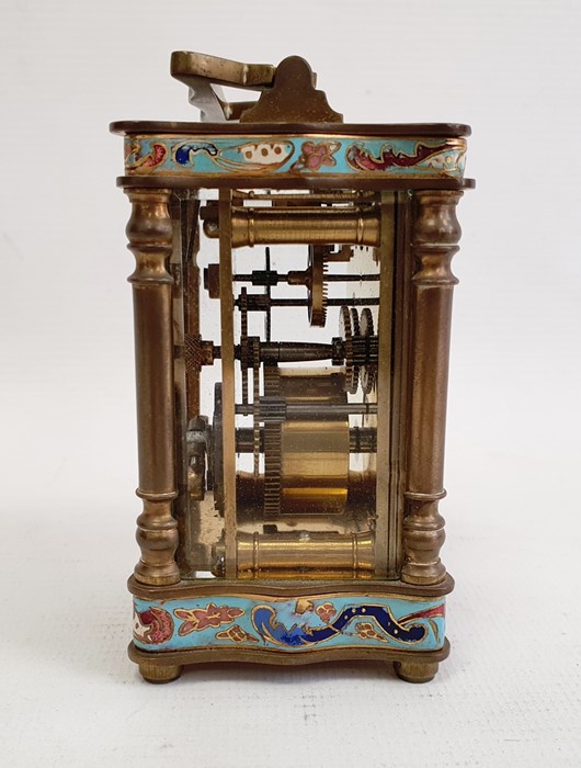 Early 20th century French miniature brass and enamel carriage timepiece with enamelled borders, 10. - Image 6 of 7