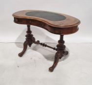 19th century burr walnut kidney-shaped writing table with leatherette inset top, turned and carved