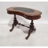 19th century burr walnut kidney-shaped writing table with leatherette inset top, turned and carved