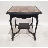 Late Victorian side table, the top decorated with cigar papers, on ebonised base, 66cm wide