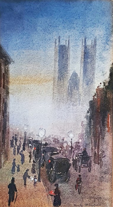 Emily Stansfield (XIX) Watercolour drawing Street scene with figures, cathedral in distance,