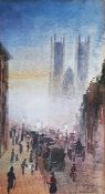 Emily Stansfield (XIX) Watercolour drawing Street scene with figures, cathedral in distance,