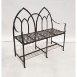 Iron strapwork two-seat bench with twin arch back Condition ReportLength 106.5cm Width (including