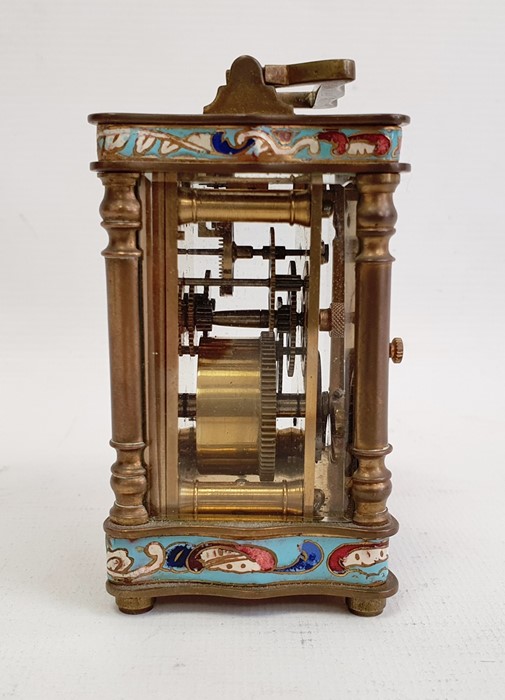 Early 20th century French miniature brass and enamel carriage timepiece with enamelled borders, 10. - Image 4 of 7