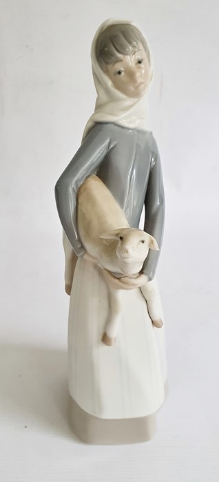 Lladro porcelain group of boy in nightshirt with puppy, 20cm high, Lladro girl with lamb and another - Image 8 of 15