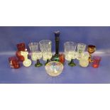EPNS mounted cut glass claret jug, a cut glass biscuit barrel, two decanters, small quantity of